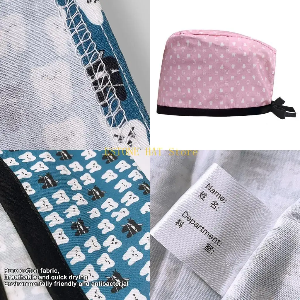 49MF Sanitary Hat Print Surgeon Hat for Medicals Care Adjust Soft Scrub Caps for Nurse Kitchen Cooking Headwear Round Scrub Hat