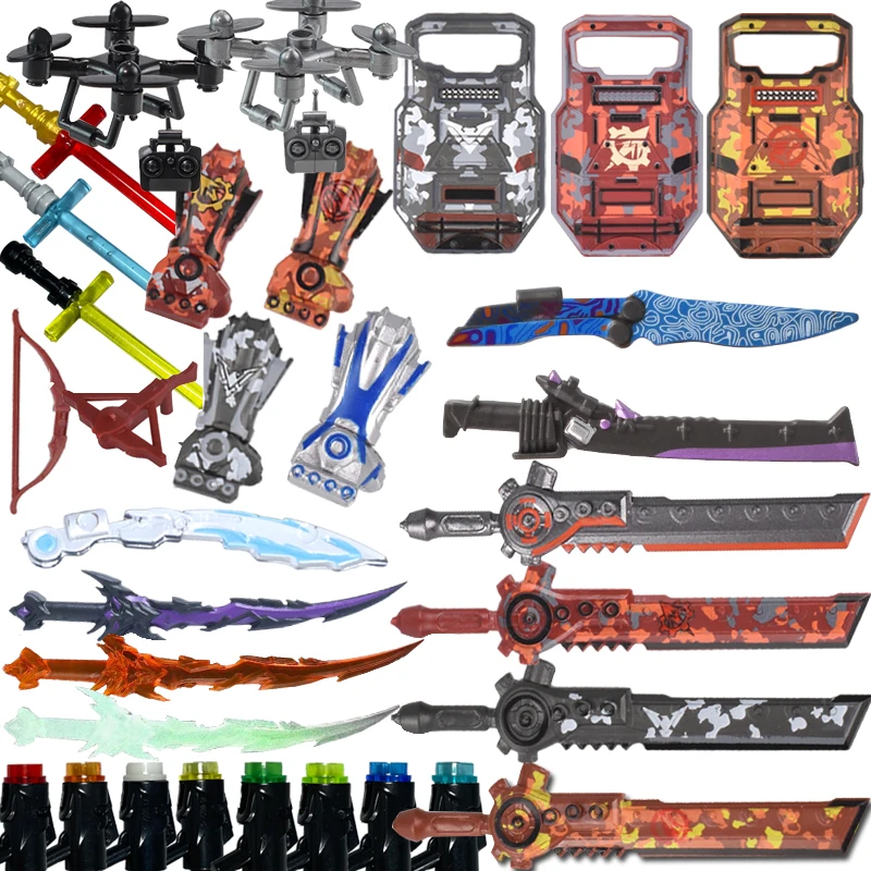 

Строительные блоки MOC, мини-фигурки, аксессуары, арбалет, Блэкхок, камуфляжный щит, пламя, меч, чоппер, сделай сам, кирпичи, игрушки, подарки