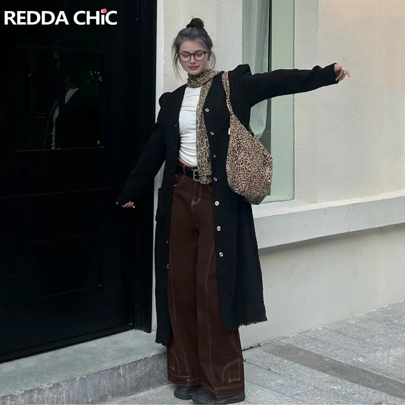 REDDACHiC Chocolate Brown Seamed Cargo Pants Women Big Size Upside Down Wide Leg High Waist Baggy Jeans Vintage ICON Streetwear