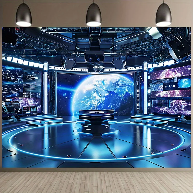 Moderner Press-Studio-Fotografie-Hintergrund – futuristisches Design mit visuellen Effekten in Erde und Galaxie, SS