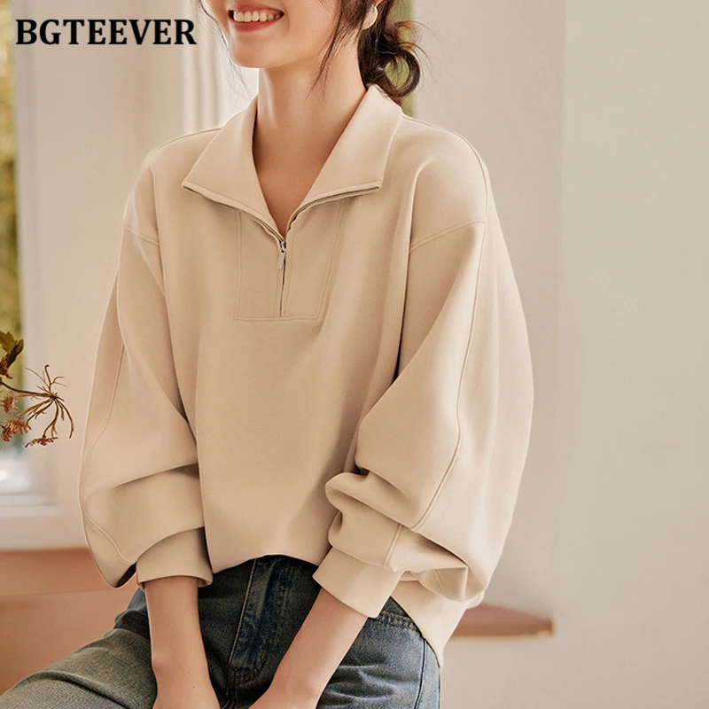 

BGTEEVER Chic Stlyish Lapel Zipper Up Women Solid Sweatshirts Autumn Winter Fashion Long Sleeve Loose Female Pullovers Tops