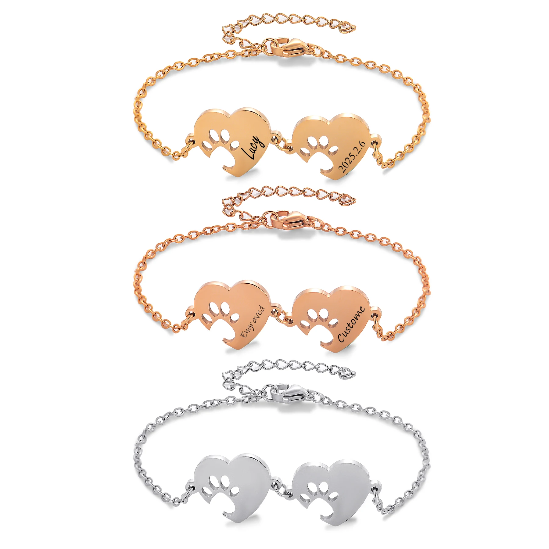 

Fashion Heart Pet Paw Bracelet Engraved Personalized Name Date Text Stainless Steel Memorial Cat/Dog Animal Jewelry Gift