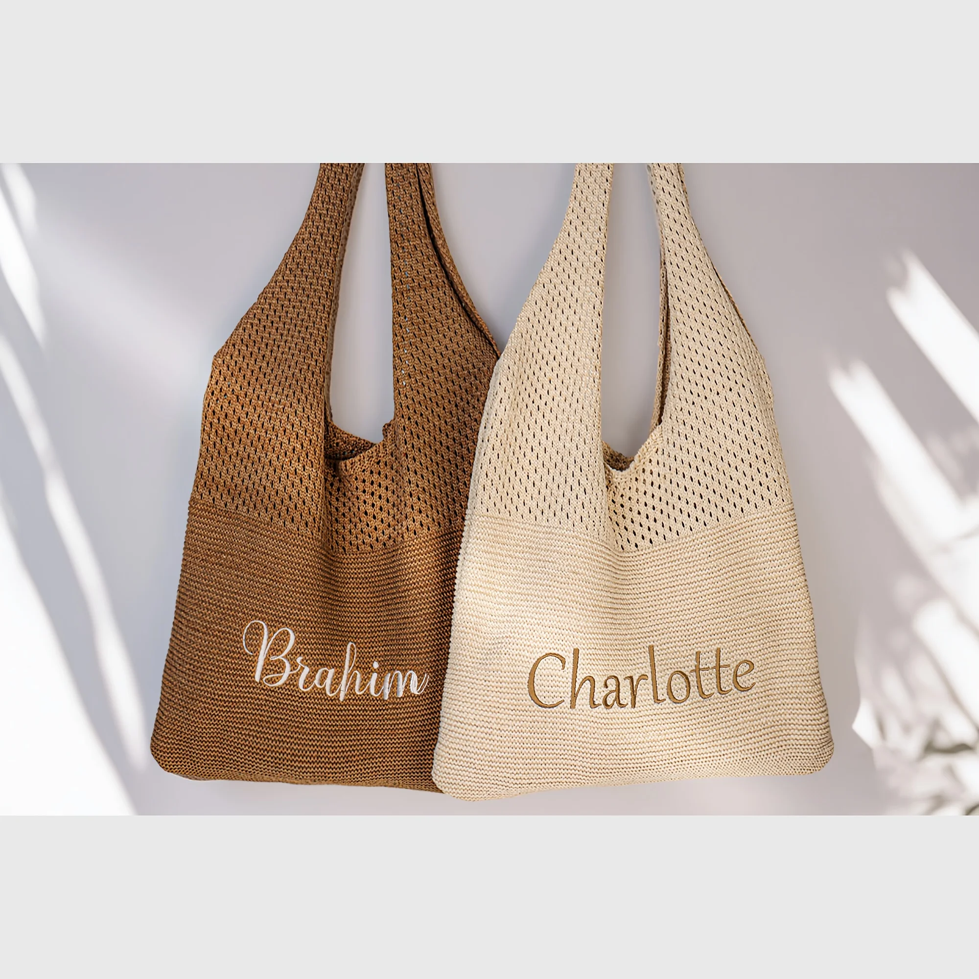 Custom Name Knit Crochet Shoulder Bag, Breathable Mesh Tote Pouch, Perfect for Summer Beach, Great Bridesmaid Gifts for Weddings