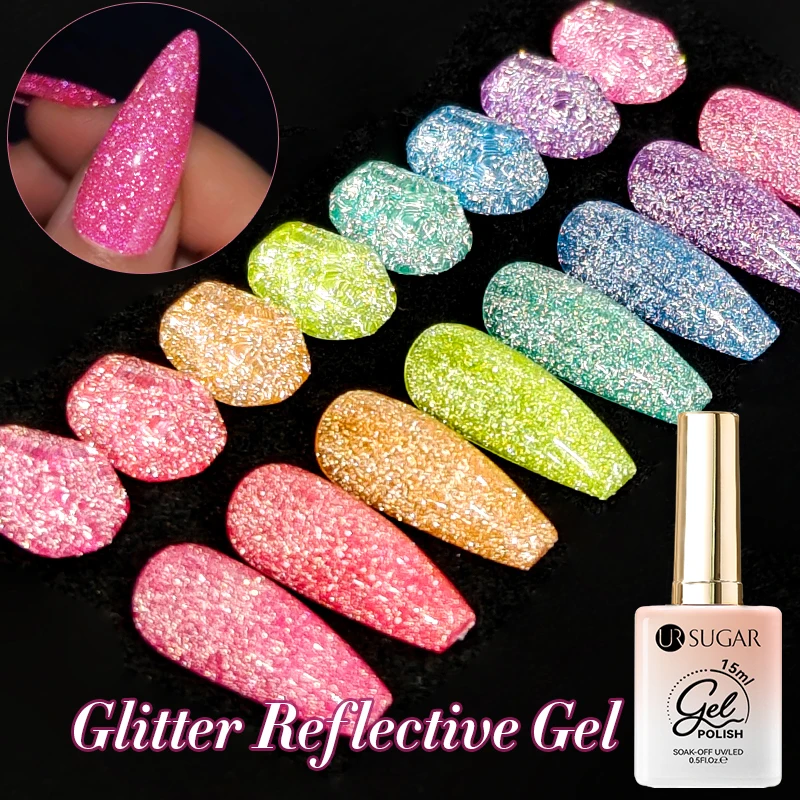 

UR SUGAR 15ml Fluorescent Reflective Nail Gel Polish Flash Effect Glitter Neon Soak Off UV Gel Manicure Summer Nail Art Varnish