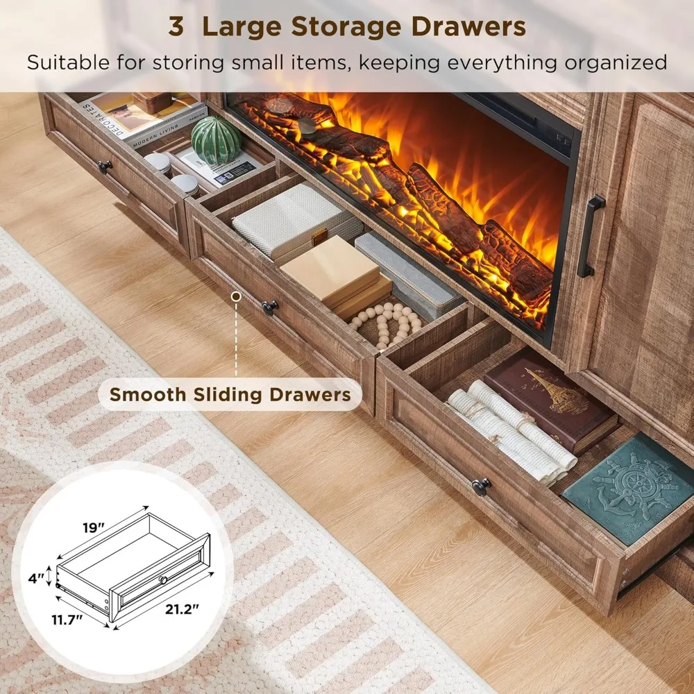 ACCOHOHO Soporte para TV con chimenea para TV de 80 pulgadas, centro de entretenimiento de granja de 35,7 de alto con chimenea eléctrica de 36 pulgadas, consola multimedia con