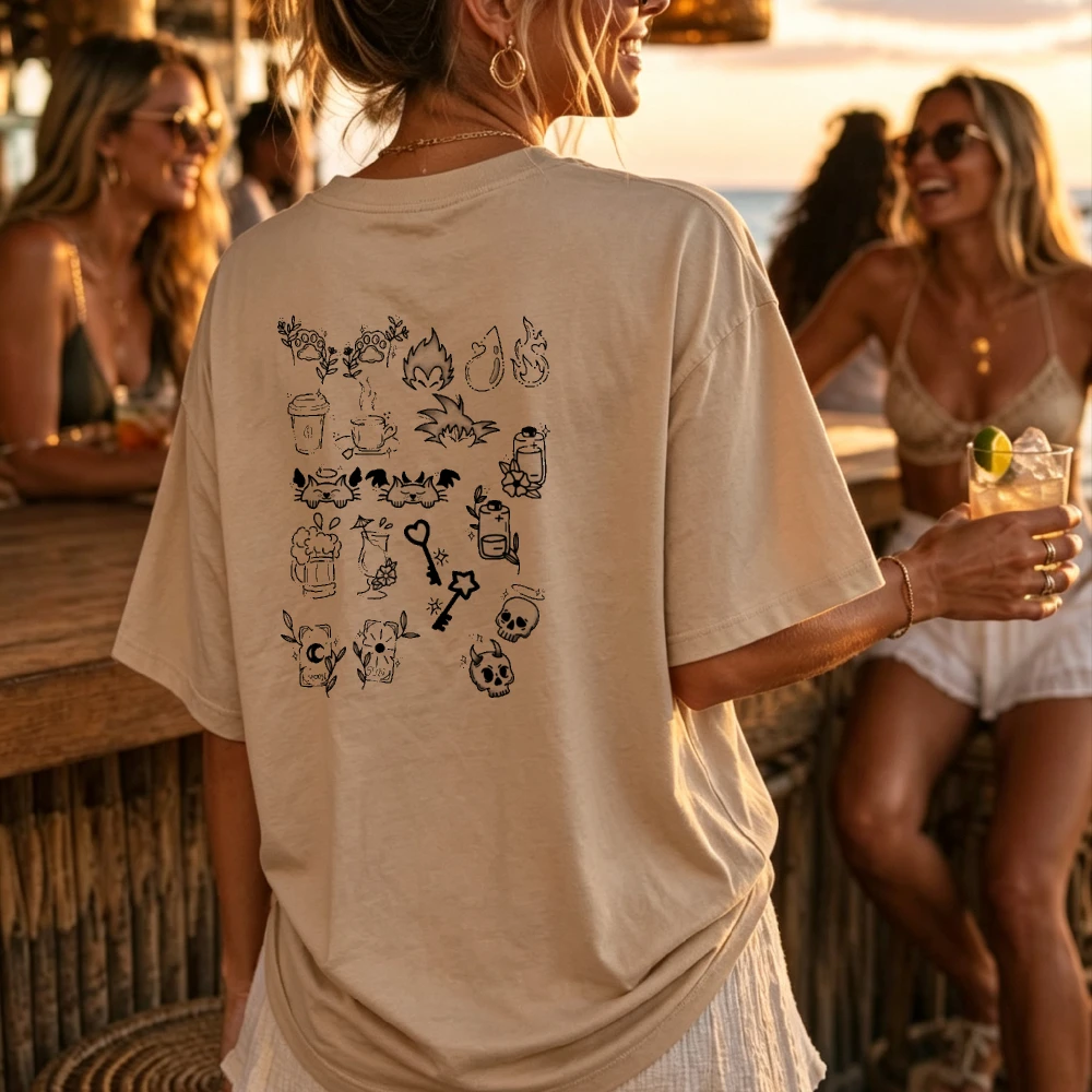 Doodle T-Shirt with Whimsical Icons Coffee Cup Flame Skull Key Cat Potion Bottle Star Leaf Relaxed Fit High Quality Cotton Tops