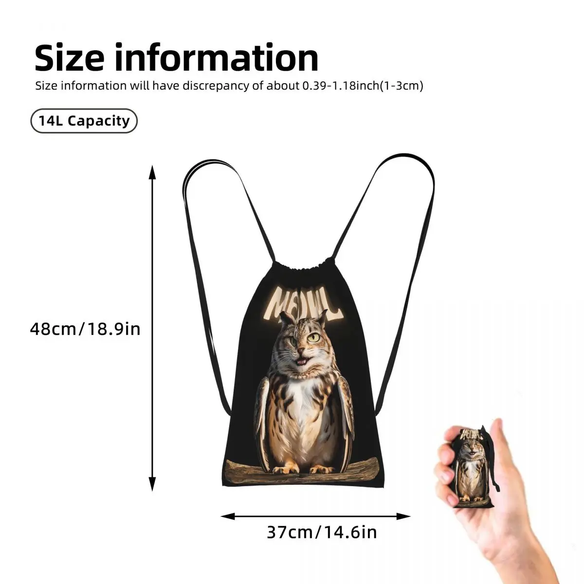Fun Meowl Funny Cat Owl Meme Drawstring Backpack hiking cycling Bag Portable Travel Drawstring Bag for Men Women