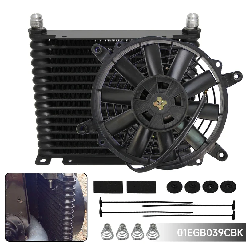 

Aluminum Engine Transmission 226MM Oil Cooler Black Universal 32mm 15 Row AN8 3/4"-16 UNF + 7" Electric Fan for mercedes w203