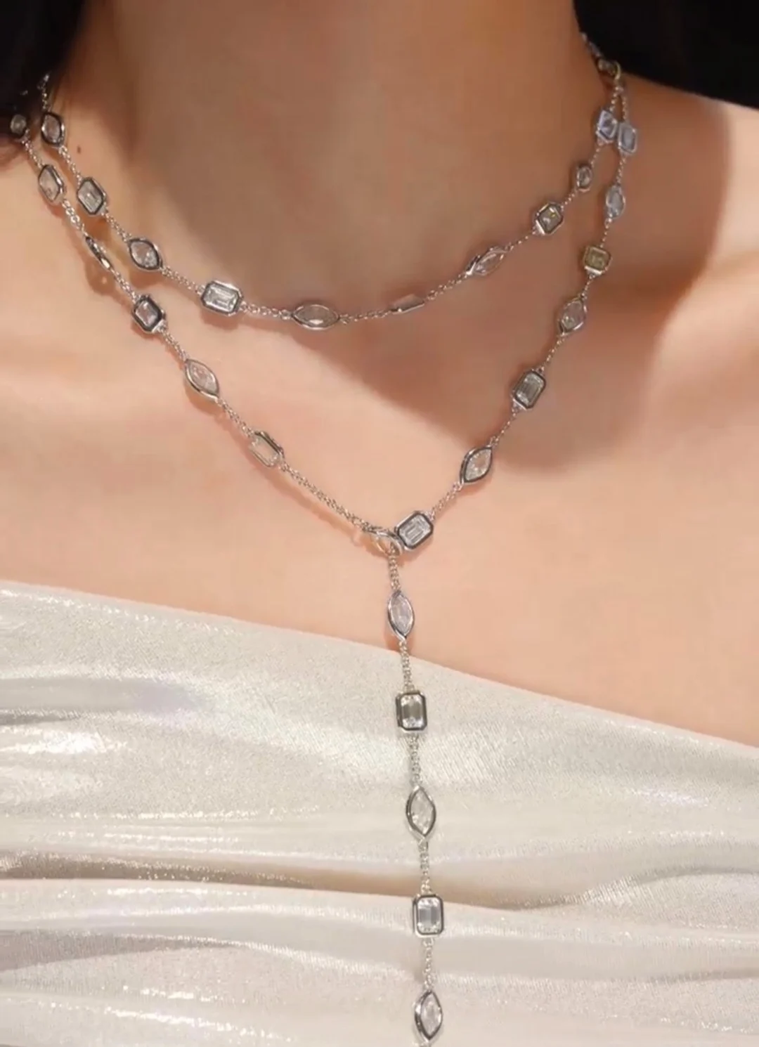Bellux Long Chain Necklace 925 Silver Synthetic Zircon White Marquise Emerald Cut Double Layer Versatile Multi-way Wear Necklace