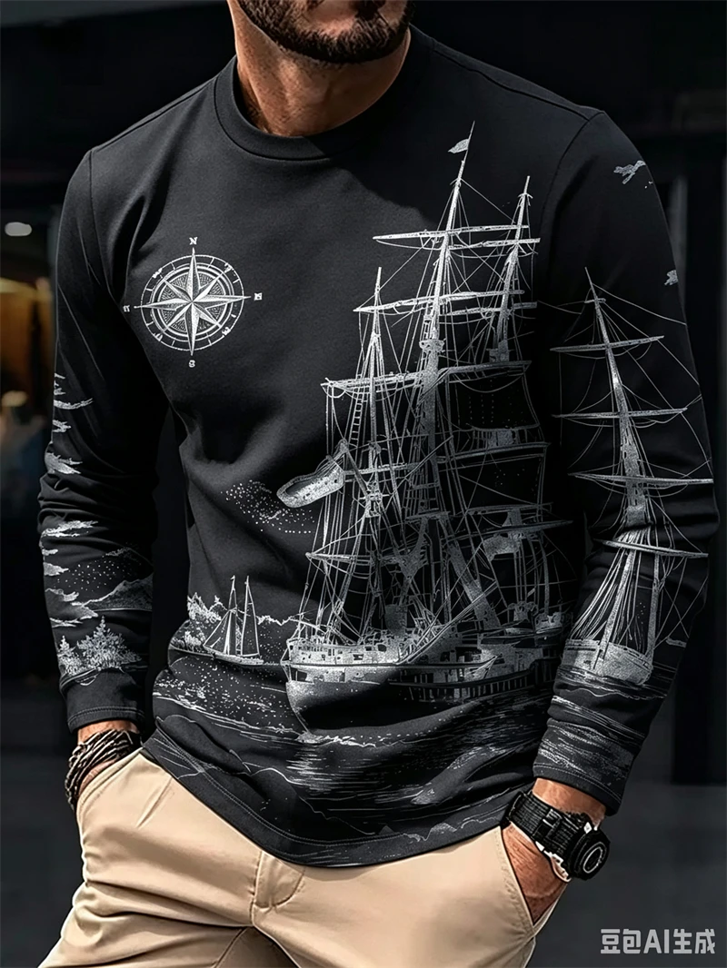 Vintage Sailing Ship 3D Print Long Sleeve T-Shirt For Men Clothing Nautical Graphic Tee Casual Streetwear Pullover Unisex Top