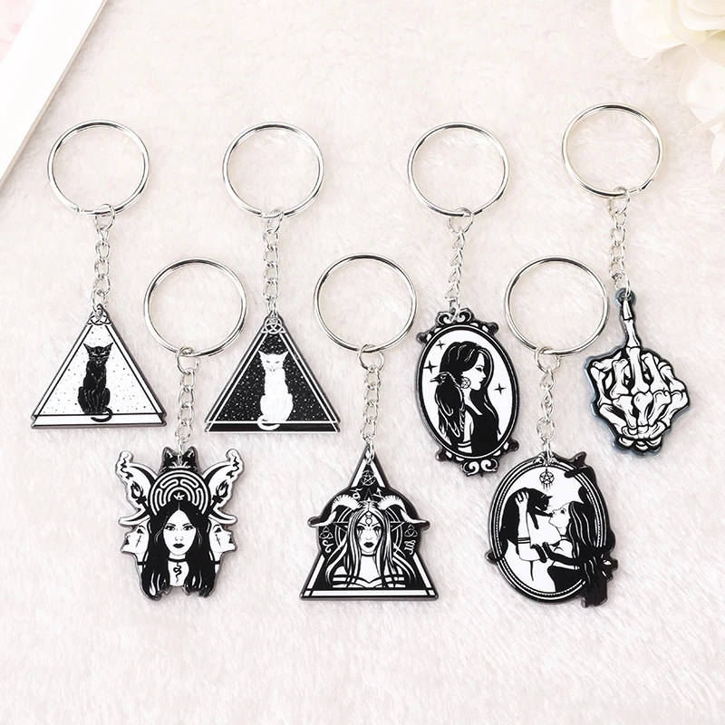 1Pc Skull Keychain Punk Acrylic Cat Goddess Car Mirror Keyring Handbag Middle Finger Girl Birthday Gift