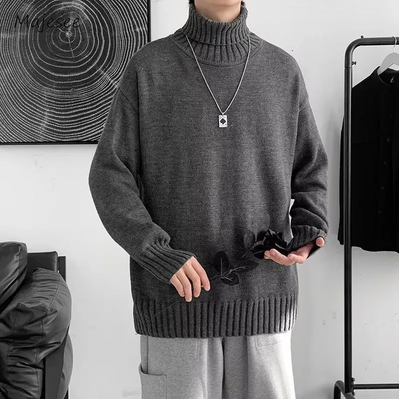 

Turtleneck Sweaters Men Pure Color Casual Simple Japanese Style Harajuku Blocking Plus Size Stylish Teens Tender Graceful Chic