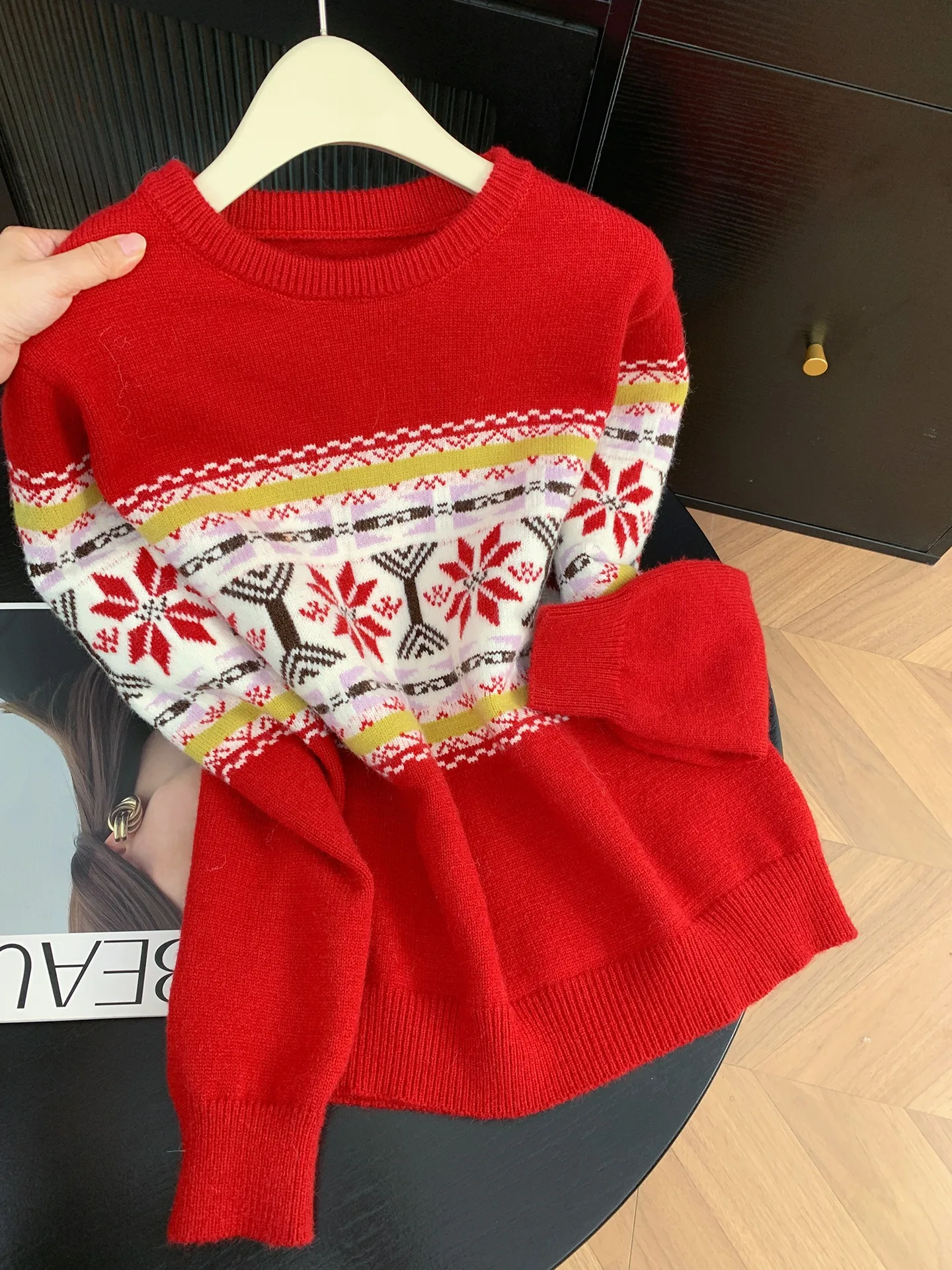 

Cisas Red Fair Isle Knit Sweater Women's Vintage Embroidery Aosphere Long Sve Knitted irt Inner Wear Autumn Winter