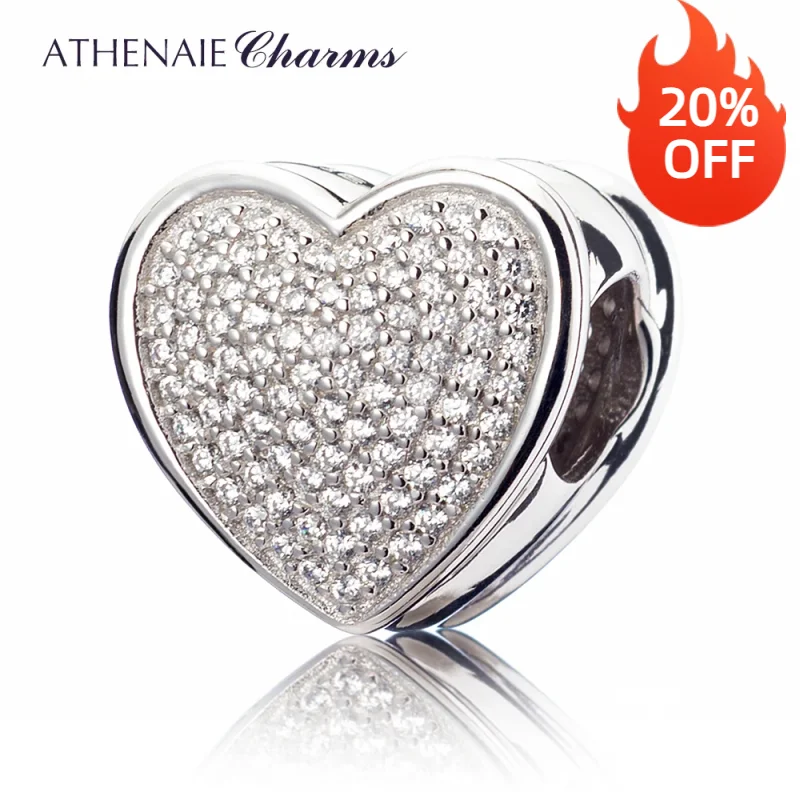 ATHENAIE Genuine 925 Silver with Pave Clear CZ Heart-shaped to My Lover Charm Fit All European Bracelets Necklace Color White