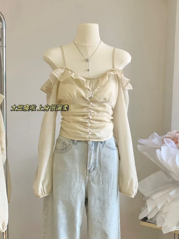 2000s Aesthetic Blouse Women Slash Neck Basic Off Shoulder Crop Top Clubwear Gyaru Lantern Sleeve Shirts Streetwear Mori Girl