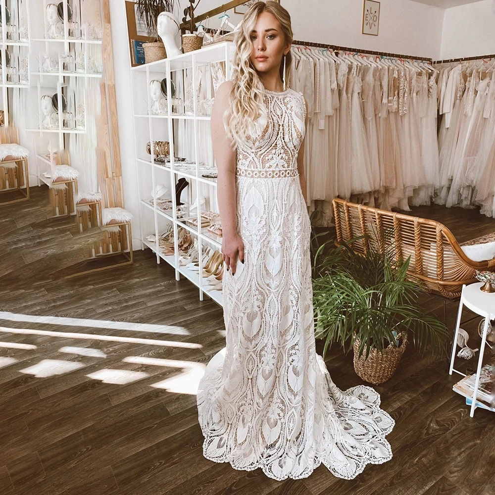 Boho Elopement Mermaid Wedding Dresses 2024 Backless Sleeveless Lace Rustic Bohemian Bridal Dresses Bride Gowns Customized