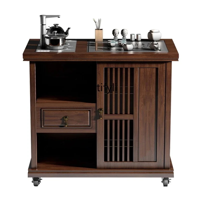 

V Chinese Solid Wood Mobile Tea Table Small Tea Table Household Cabinet Tea Cart Kung Fu Boiling Water with Wheels