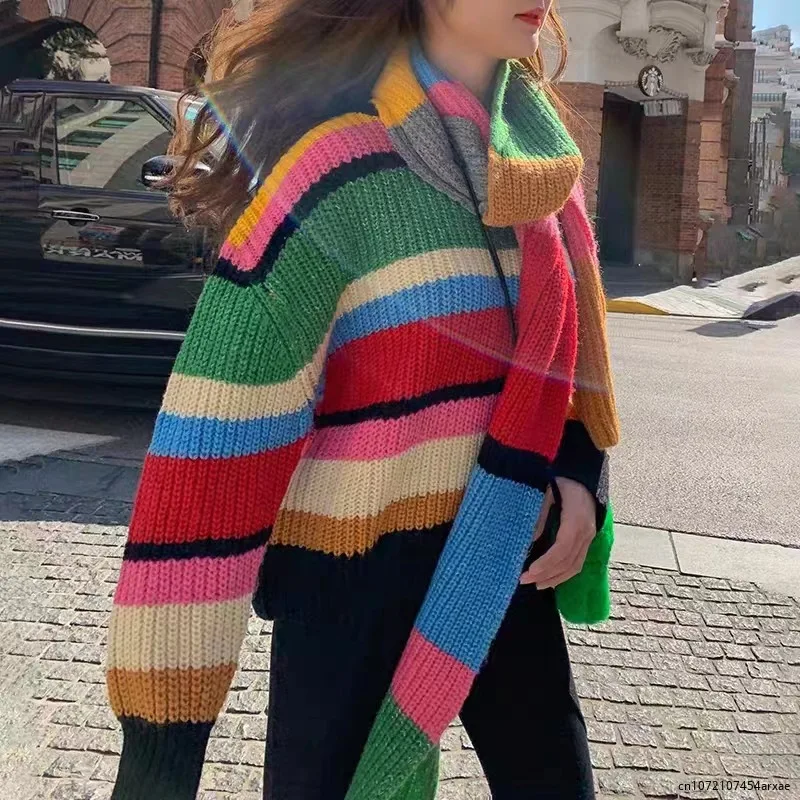 Women Rainbow Color Striped Knitted Sweater Pullovers Knitwear + Long Scarf Autumn Winter Long Sleeve Stripe Contrast Crop Tops