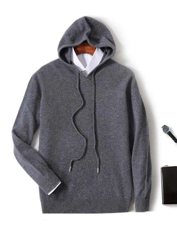 100% Merino Wool Men's Hoodie Autumn Winter Casual Fashion Soft Hooded Knitted Wool Sweater