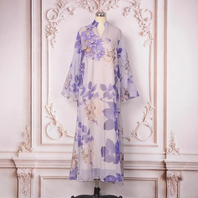 Oriente médio nova moda 2025 feminino roxo casual na moda solto diamante cravejado elegante decote em v manga longa tornozelo comprimento vestido