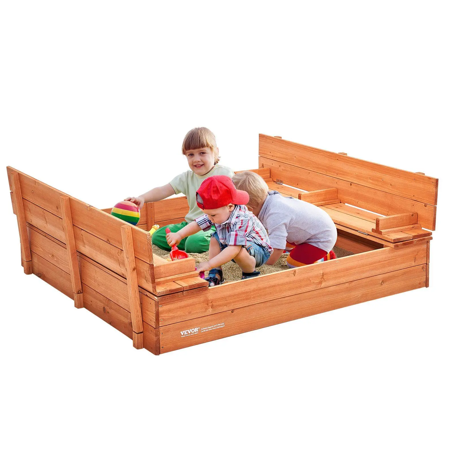 Wooden Sandbox, 52.4 x 47.2 x 16.9 in Sand Box, Sand Pit with Foldable Bench Seats and Bottom Liner, Natural Wood Kids Sandbox