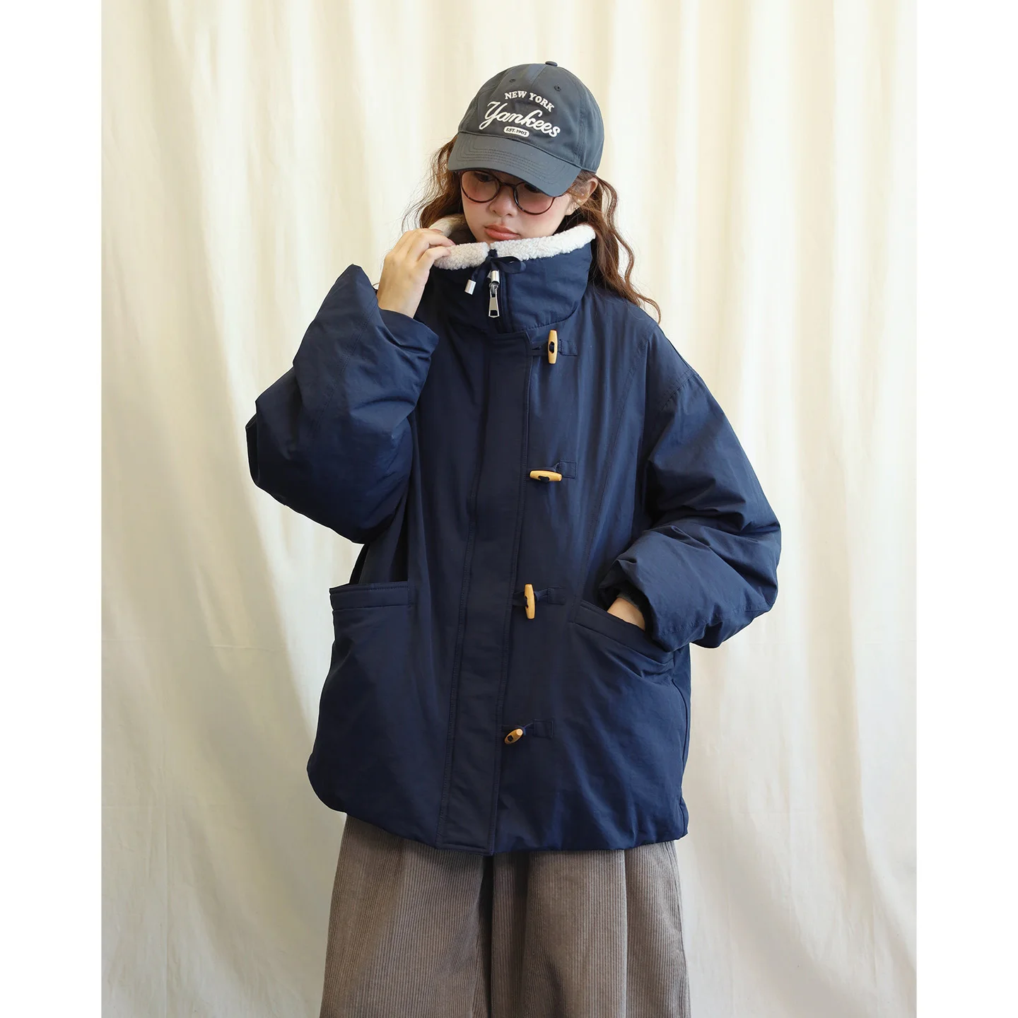 

Japanese Sle College Wind down Coat Buttoned Du down Jaet Long Sve Thi Warm Nylon Material Mid-Length Coat