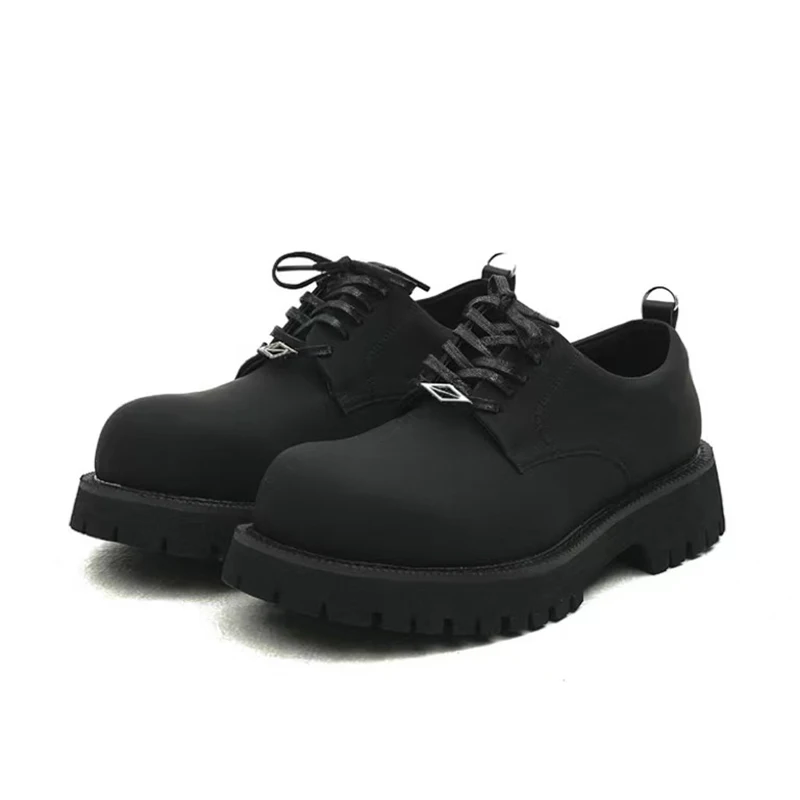 

Carbon black derby leather shoes men's round toe thick soled lightweight work commuting frosted formal dress shoes