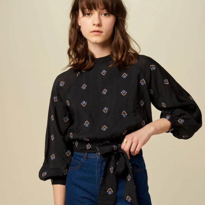 Sezanes 2025 spring and summer new black flowers embroidery pattern back hollow tie blouse women's shirt