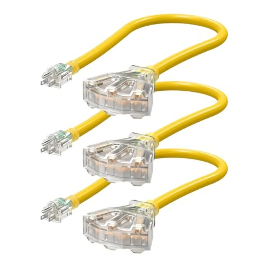 24 Inch 12/3 Gauge Indoor Tri-Tap Extension Cord Splitter, SJTW 15 Amp Outer Contractor Grade Heavy Duty Power Cable with LED L