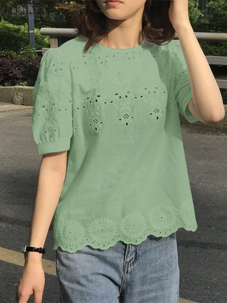 2025 ZANZEA الصيف الدانتيل الكروشيه قمصان المرأة أنيقة العمل بلوزة عادية س الرقبة قصيرة الأكمام عطلة Blusas المرقعة القمم تونك