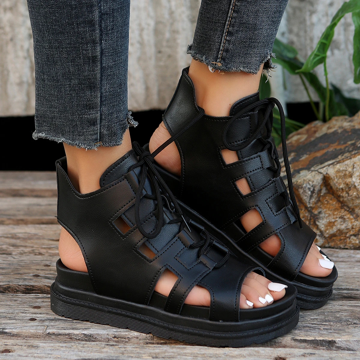 Style Front Lace-up Flat-soled Sports-style Sandals for Women Thick-soled Soft-soled Breathable One-line Roman Sandals for Women