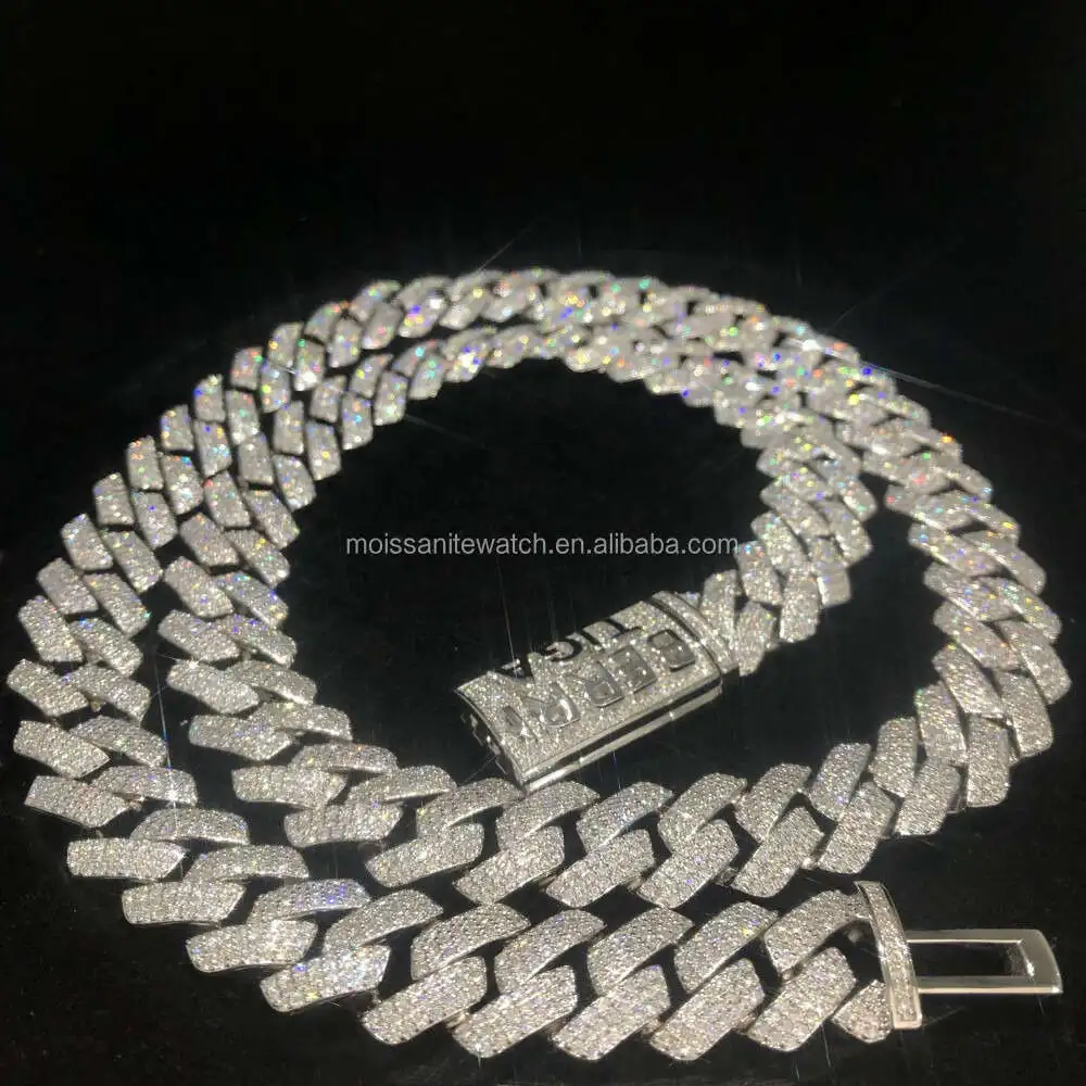 

Customized Hip-hop Necklace Vvs 15mm 3-row Moissanite Diamond Cuban Chain 925 Sterling Silver Plated 18k Men Necklace Wholesale