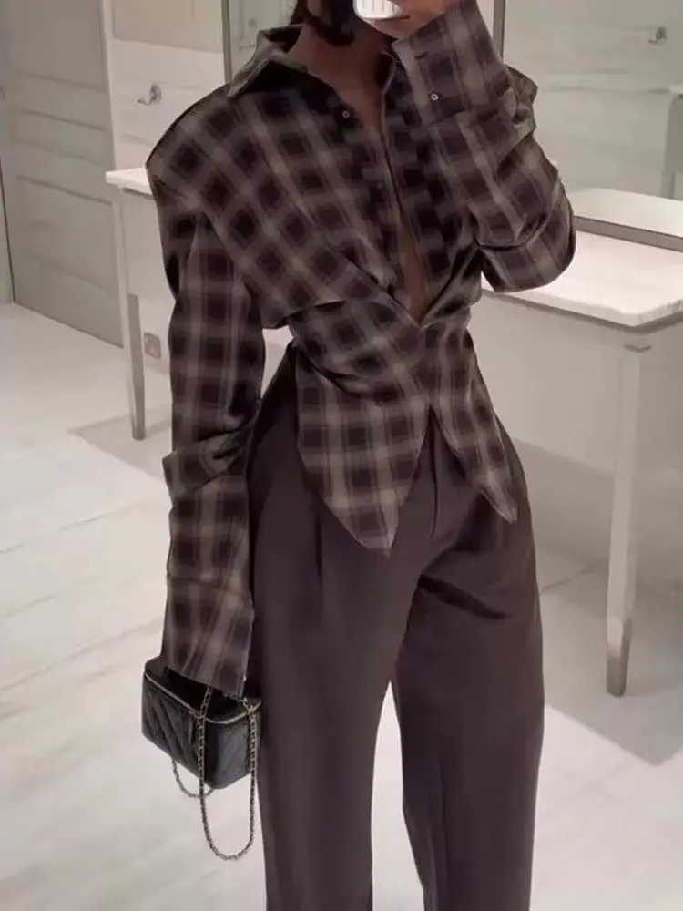 

HH Женская мода с лацканами, индивидуальный дизайн талии, клетчатая рубашка, женская уличная повседневная однобортная рубашка с длинными рукавами Mujer
