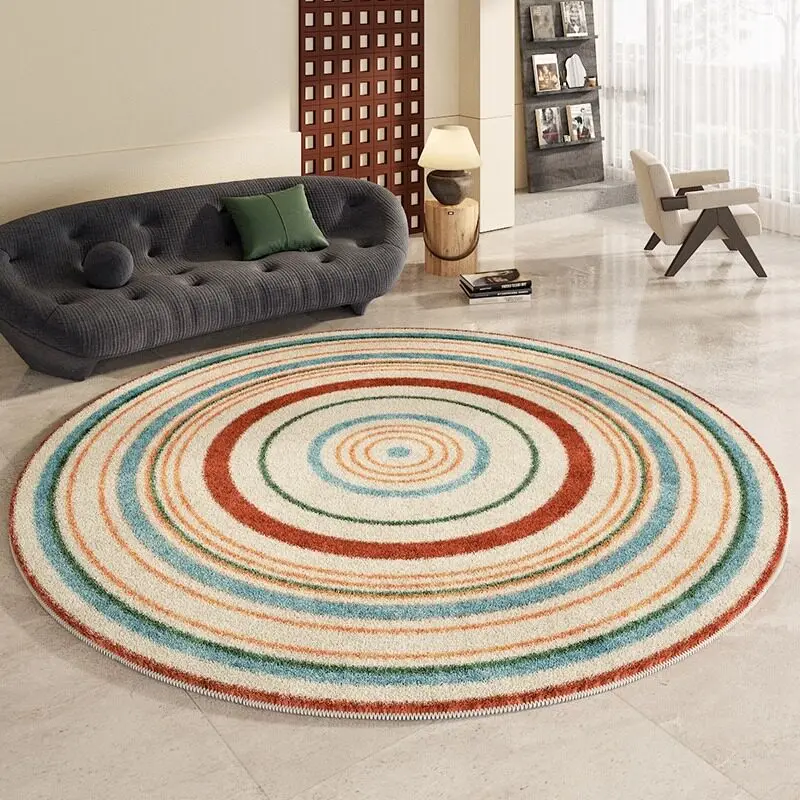 Round Rug Non Slip Soft Floor Mat Concentric Circle Block Print Decor Carpet for Living Room Study Lounge Indoor Home Decoration