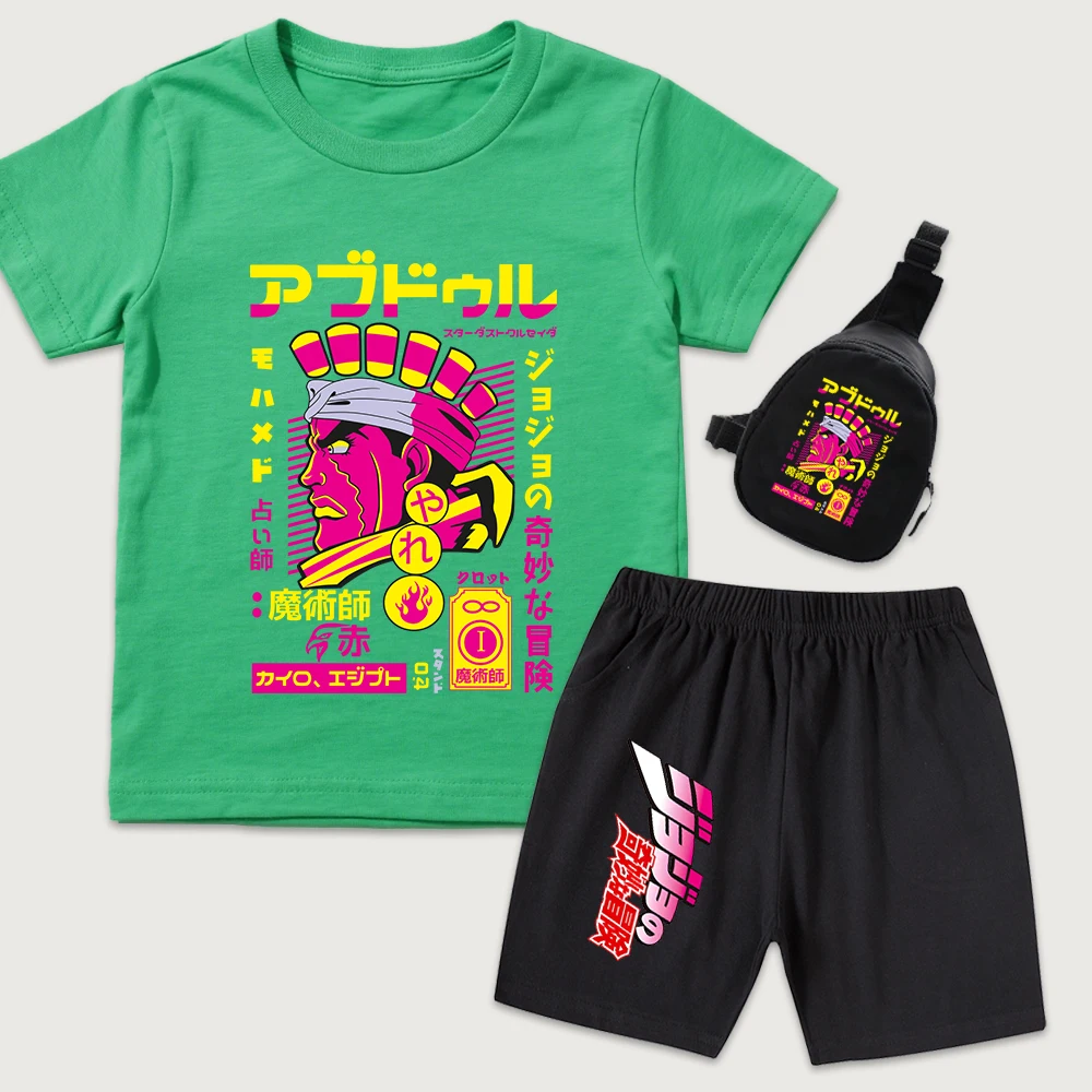 Jojo Muhammad Avdol Anime Print Kids Cotton T Shirt Shorts Mini Chest Bag 3 Piece Set for Boys Girls Casual Summer Outfit