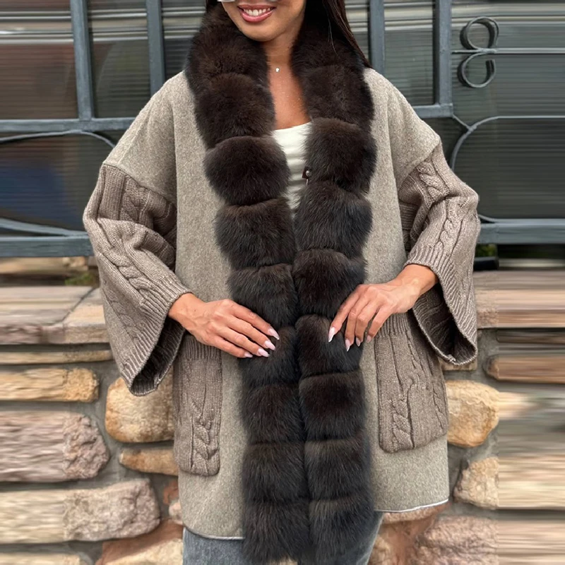 Faux Fur Collar Cape Coat Women Cable Knit Batwing Sleeve Open Front Loose Warm Jacket Elegant Date Party Ladies Outerwear