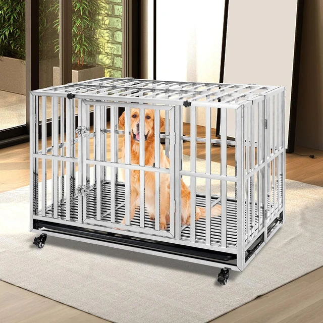 LUCKUP 46 Heavy Duty Stainless Steel Dog Crate Kennel Foldable Metal Large Medium Dog Cage for Indoor Outdoor Use AliExpress