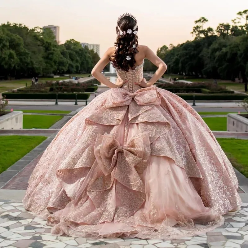 Rosa Quince anera Kleider Ballkleid für süße 16 Applikationen Perlen Bogen Pailletten Abschluss feier Prinzessin Vestidos de 15 Quinceañera