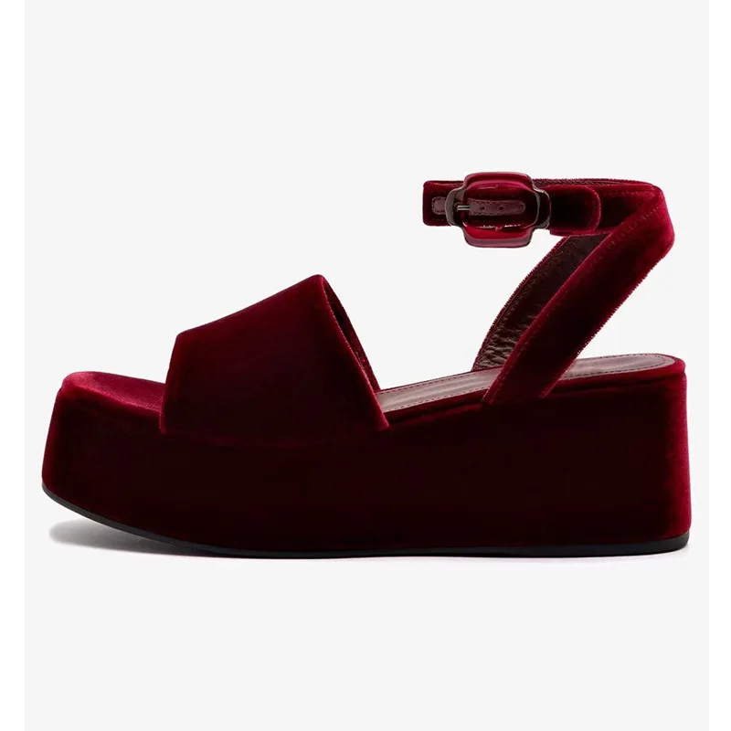 Women Burgundy Velvet Platform Sandals with Ankle Strap Buckle Detail Retro-Chic Comfortable Footwear Stylish Versatile Choice