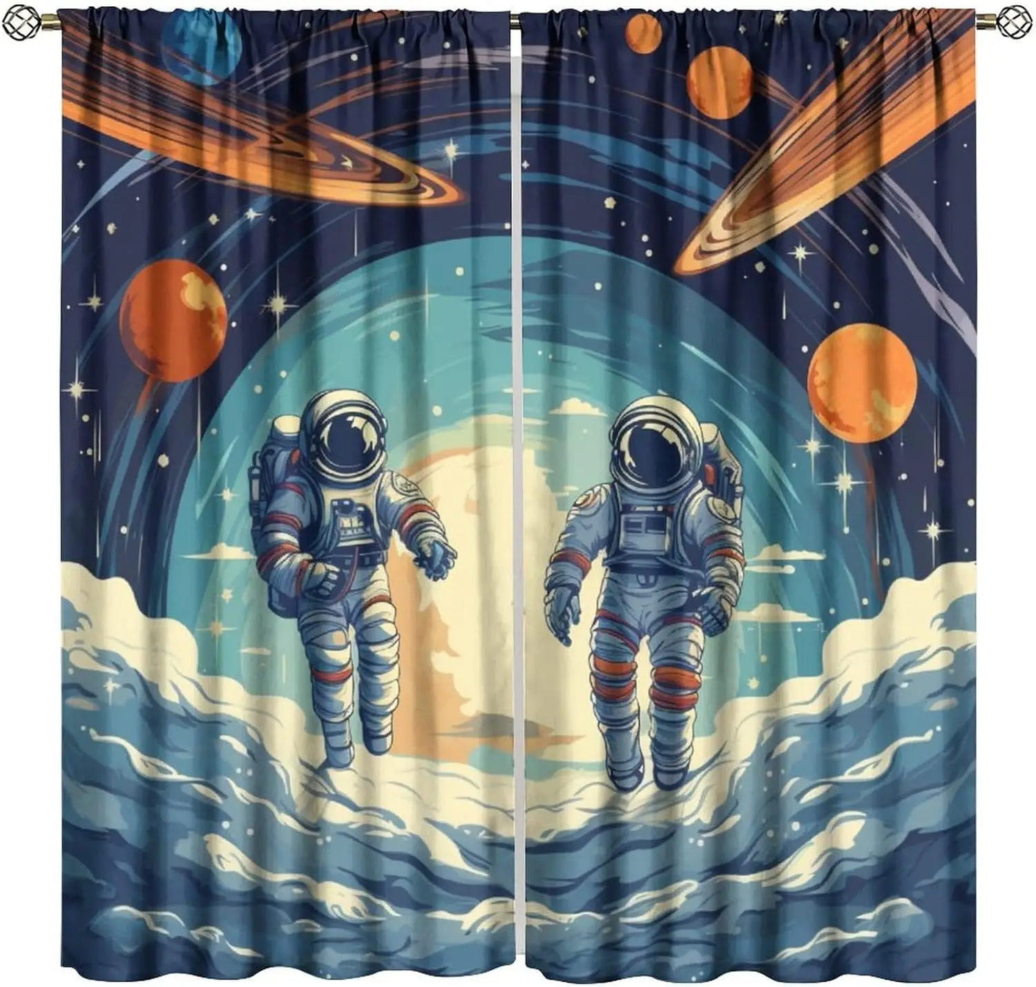 Cute Astronaut Decor Curtains, Funny Spaceman Space Cartoon Planets for Home Kitchen Livingroom Coffee Room Window Curtain