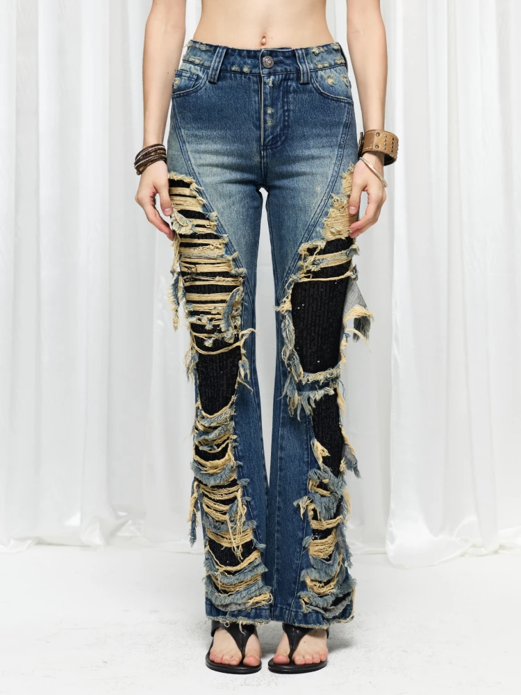 

Faychui 25ss Washed Denim Sequin Design Distressed Flared Pants Tassel New Destroyed Jeans Casual Style Natural Waist Zip Fly