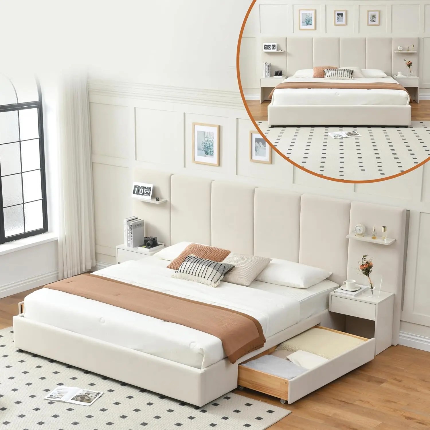キングサイズベッドフレーム、収納付き、内蔵ナイトスタンドと引 - King Size Bed Frame With Storage Drawers のレビューと価格