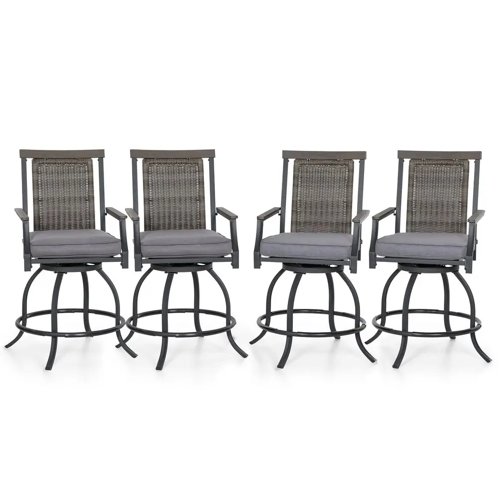 

Outdoor Swivel Bar Stools Set of 4, 24 Counter Height Patio Bar Chairs with Grey Cushion, Rattan Backrest and WoodLike Armrest