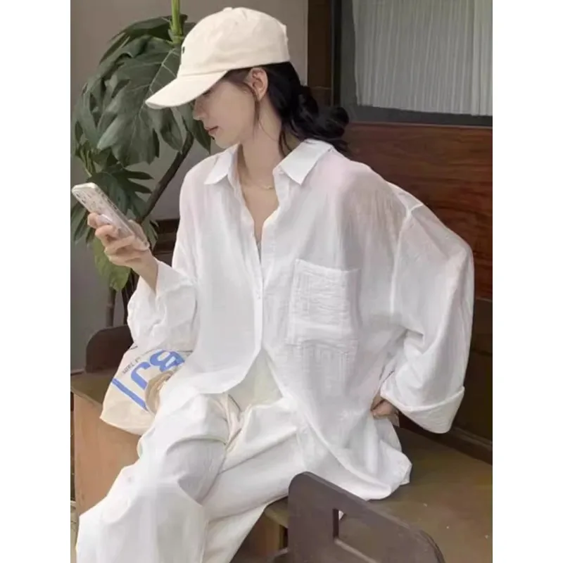 

smvp White Sun Protection Shirt Coat Women's Spring Summer Outer Thin Cardigan Loose Slimming Casual Long Sleeve Top