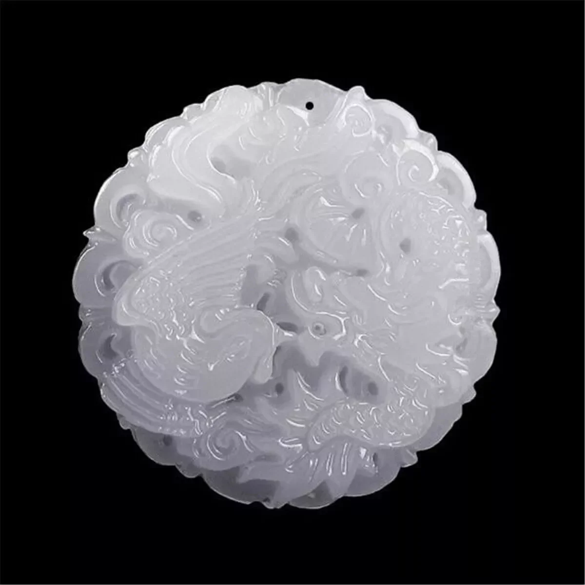 

White Chinese Jade Natural Hand-carved Pendant Dragon&Phoenix Amulet Gift