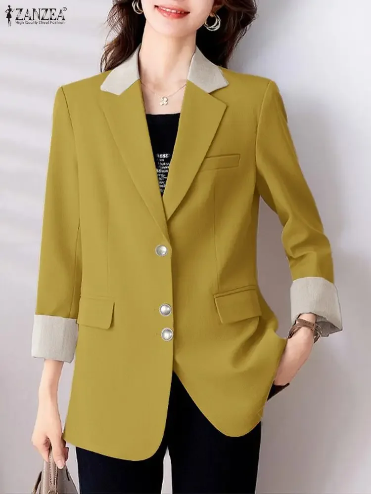 Mulheres elegantes blazer jaquetas zanzea 2025 outono retalhos blazer outwear elegante casual lapela pescoço manga longa casacos de trabalho de escritório