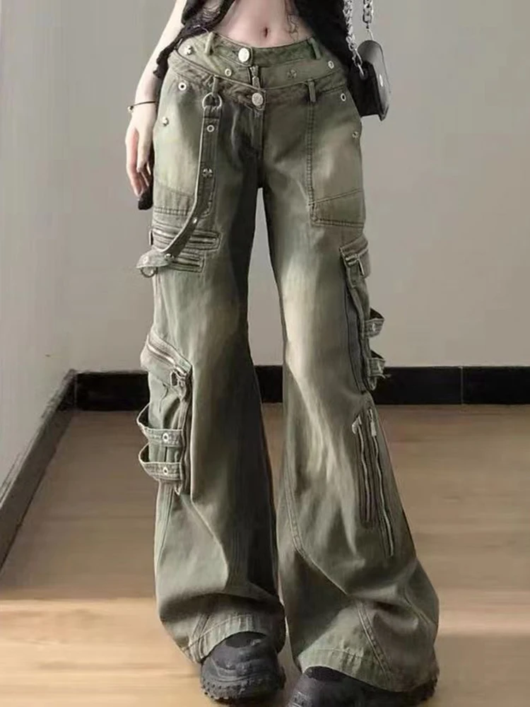 

American Retro Straight Pants Washed Cargo Jeans Women Fashion Wide Leg Pants Hiphop High Street Denim Trousers