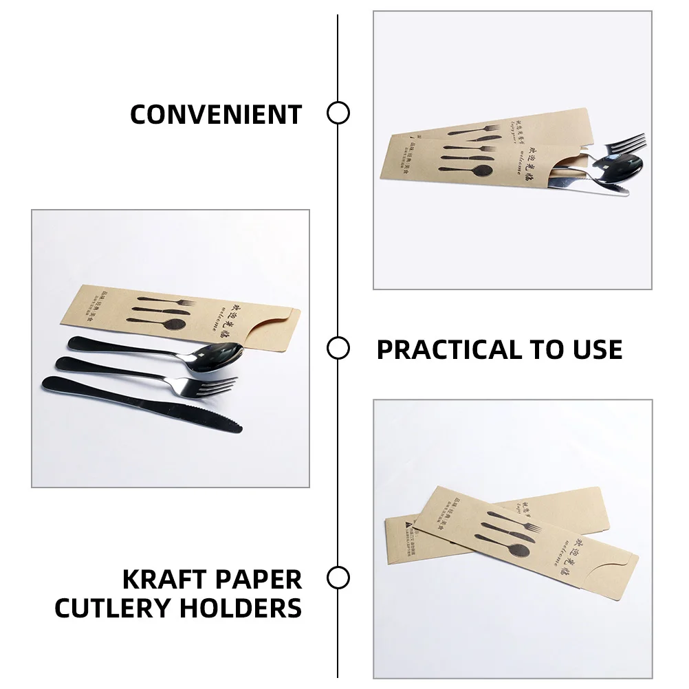 

100pcs Kraft Paper Cutlery Bag Tableware Pocket For Banquet Wedding Party Restaurant Home Fork Cutter Holder Durable Utensil