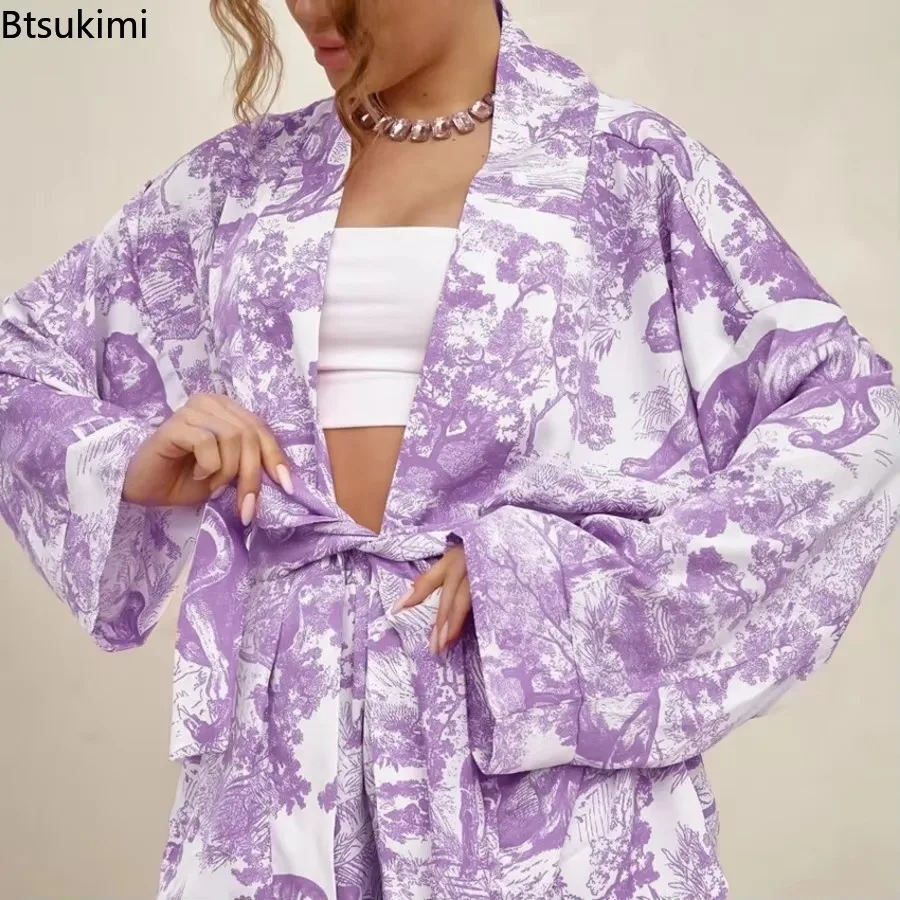 2025 Women's Spring Fashion Comfortable Soft Print Pajamas Two-piece Set Long Sleeve Cardigan Lace-up Top + Shorts Pajamas Set