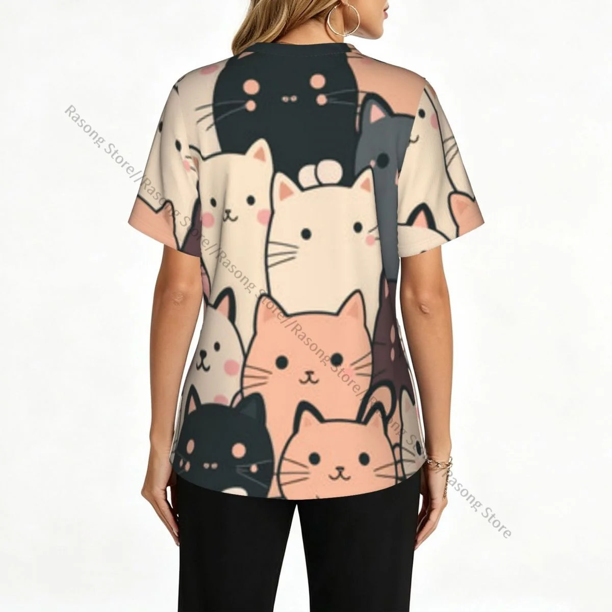 Women's Medical Scrub Top V Neck Short Sleeve Cats Colorful Pattern Stretch Nursing Uniform for Hospital Clinic